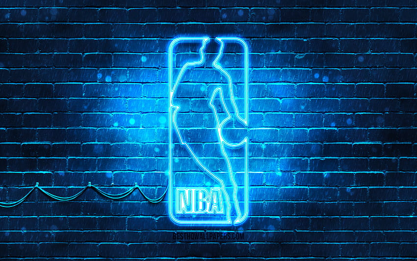 Niebieskie logo NBA, niebieski mur, National Basketball Association, logo NBA, amerykańska liga koszykówki, neonowe logo NBA, NBA dla z rozdzielczością. Wysoka jakość, logo NBA Tapeta HD