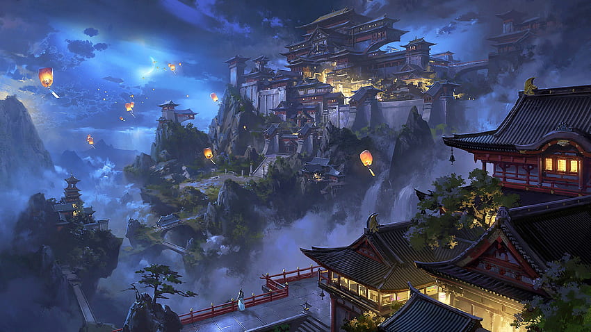 アニメスカイランタン山日本の城の夜景、2560X1440日本語 高画質の壁紙