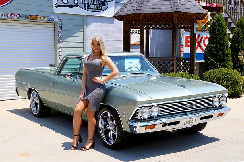 1966 Chevy El Camino 400 Small Block and Girl, Chevy, El Camino, Voiture, Petit, Camion, Fille, Old-Timer, 400, Muscle, Bloc Fond d'écran HD