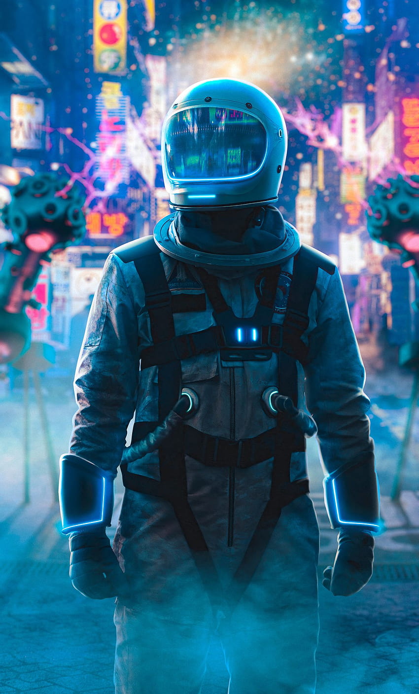 Astronaut Alone In Neon City iPhone , , Background, and HD phone wallpaper