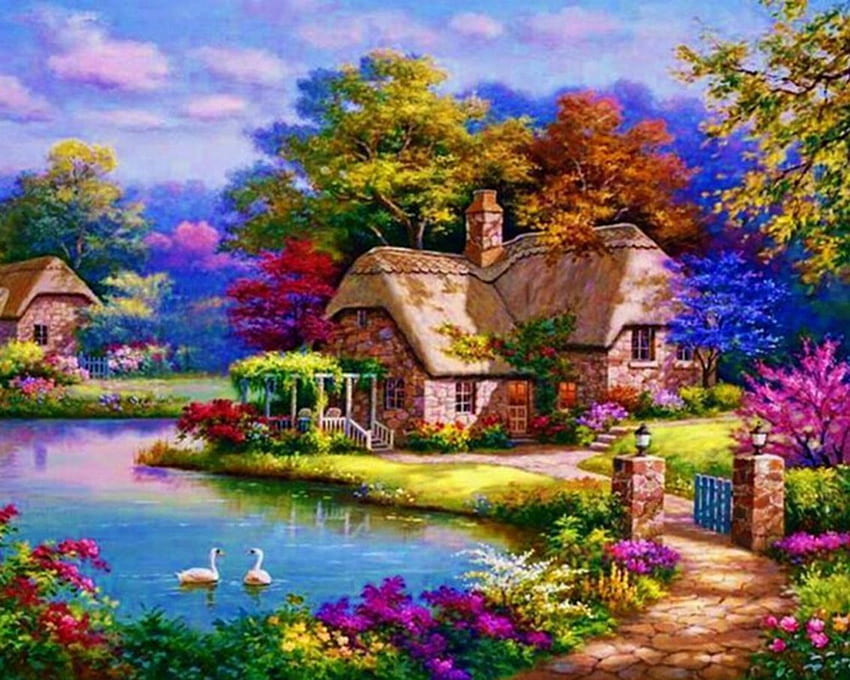 Cottage, river, painting, flower, garde, swan HD wallpaper