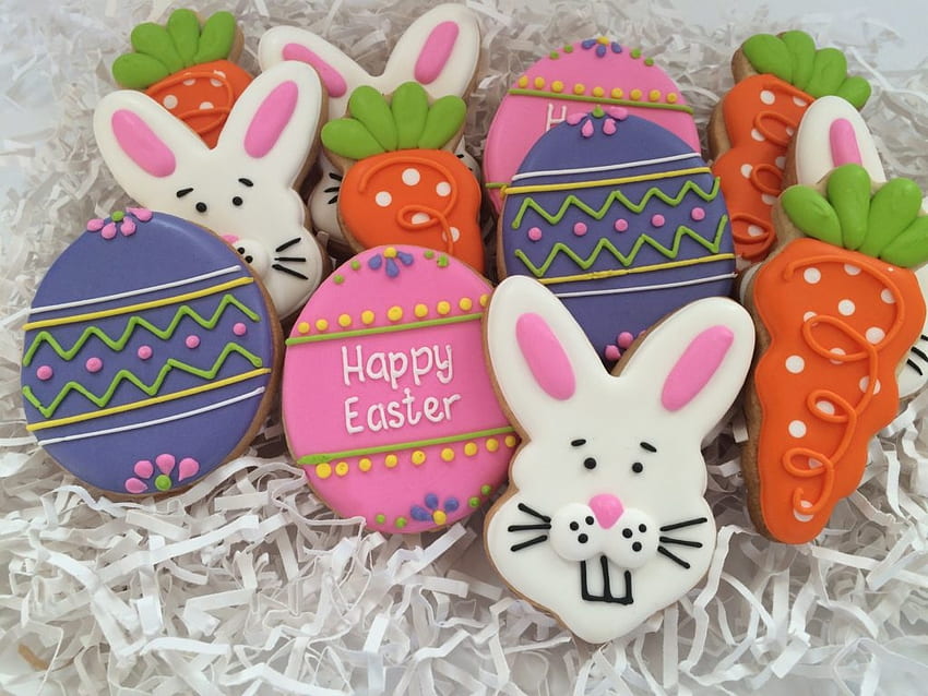 Easter cookies, dessert, cookie, easter, sweet, egg, blue, white, food, bunny, pink, green HD wallpaper