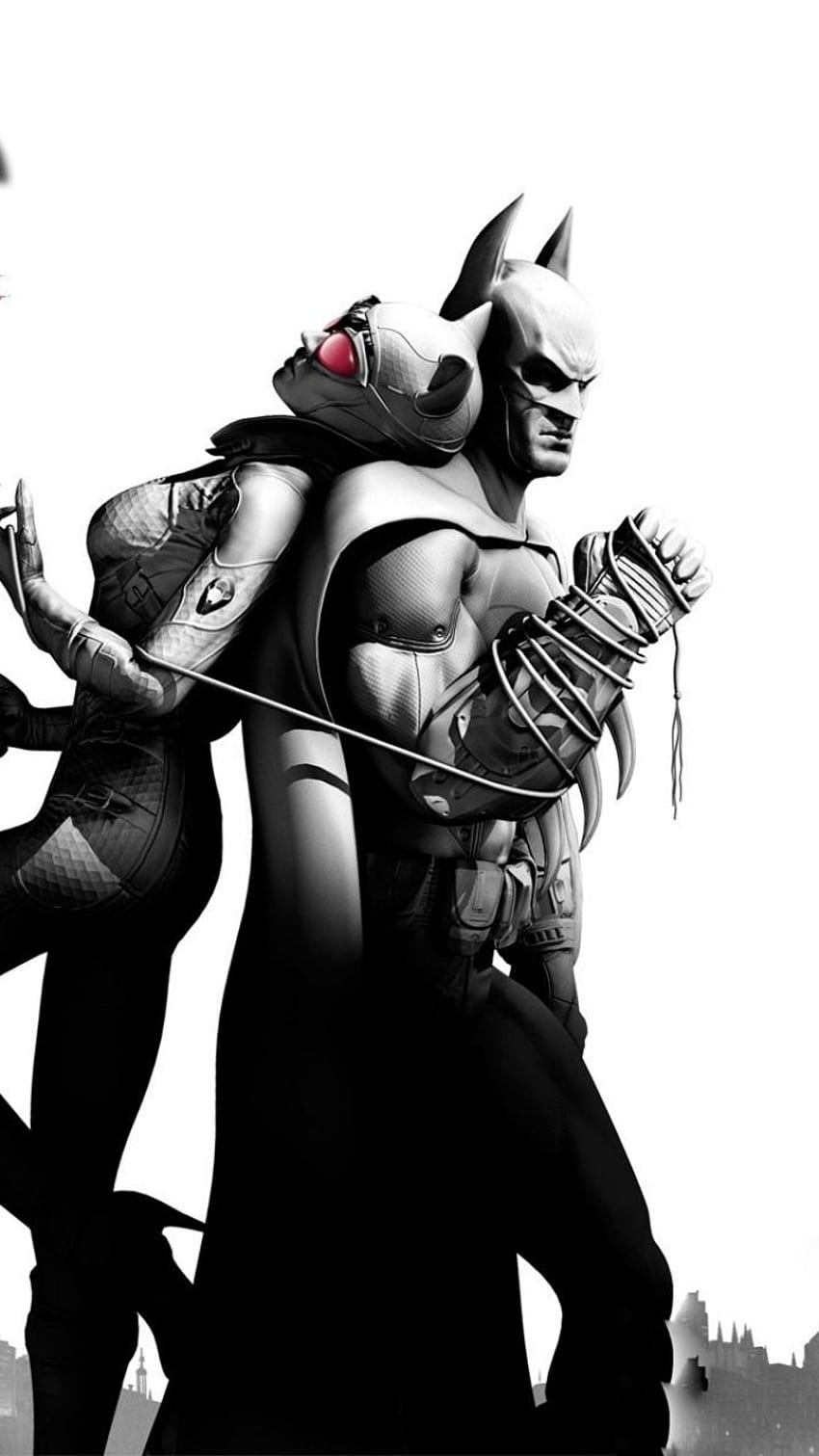 batman arkham city, catwoman, dirigible, ciudad, nubes, juego, nombre, blanco y negro, batman. Catwoman arkham city, Batman arkham city, Batman, Catwoman y Batman Laptop fondo de pantalla del teléfono