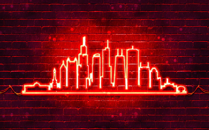 Chicago red neon silhouette, , red neon lights, Chicago skyline silhouette, yellow brickwall, american cities, neon skyline silhouettes, USA, Chicago silhouette, Chicago HD wallpaper