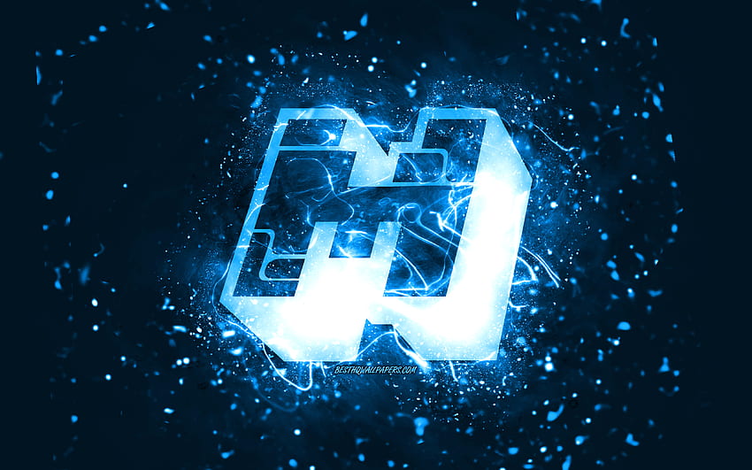 Niebieskie logo Minecraft, niebieskie neony, kreatywne, niebieskie abstrakcyjne tło, logo Minecraft, gry online, Minecraft z rozdzielczością. Wysoka jakość, niebieskie światła Minecraft Tapeta HD