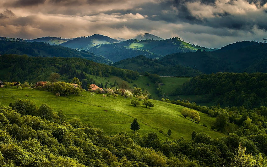 Nature, Landscape, Spring, Forest, House, Field, Mountain, Clouds ...