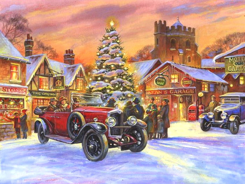 雪の風景、冬、休日、都市、夢の中のアトラクション、人々、風景、四季の愛、古い車、クリスマス ツリー、クリスマス、雪、クリスマス、正月 高画質の壁紙