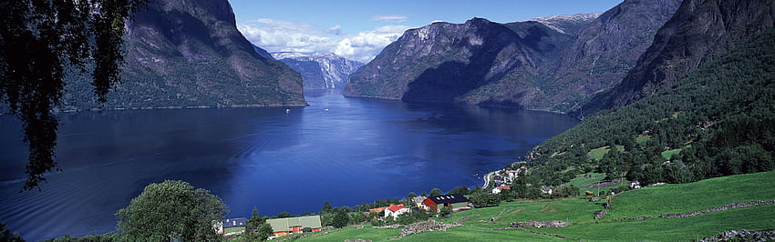 Aurlandsfjord Norway Panorama, 3840X1200 High Resolution Panoramic HD wallpaper