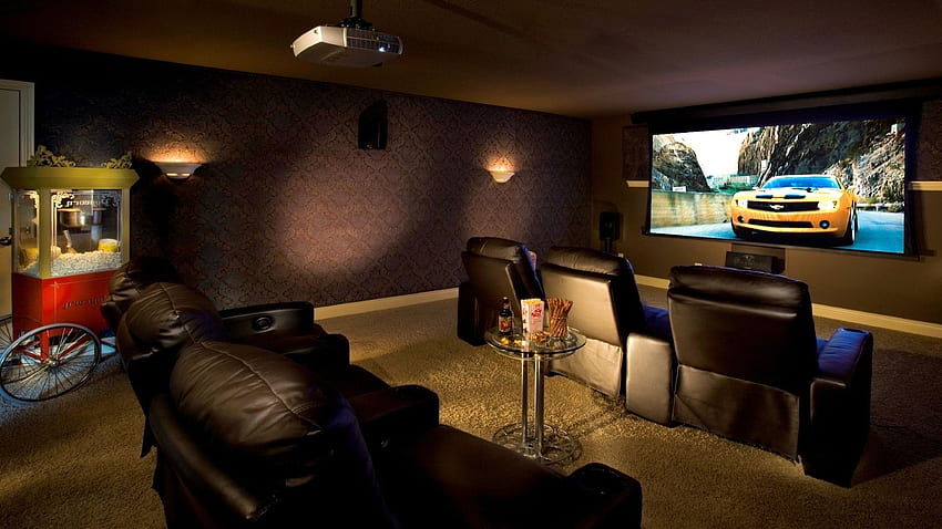 Wnętrze, dom, kino, sofy, poduszki, stoły, kino domowe Tapeta HD