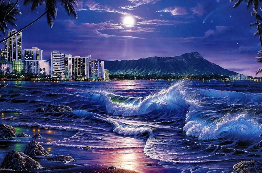 Blue night over the sea, night, blue, sea, city, moon HD wallpaper