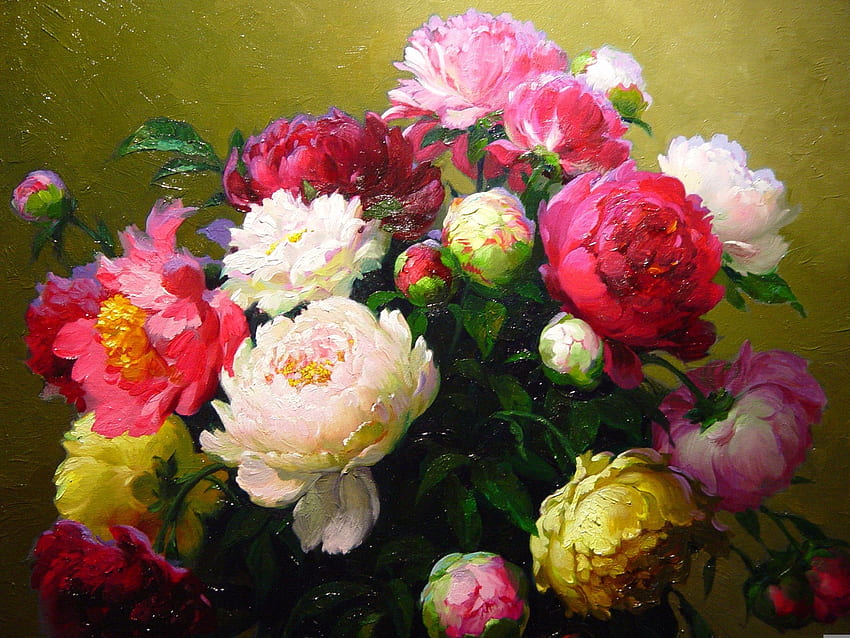 Bouquet of peonies, white, bouquet, bujor, art, peony, vase, rose, pink, painting, pictura, flower, yellow, victor nizovtsev, eony, trandafir HD wallpaper