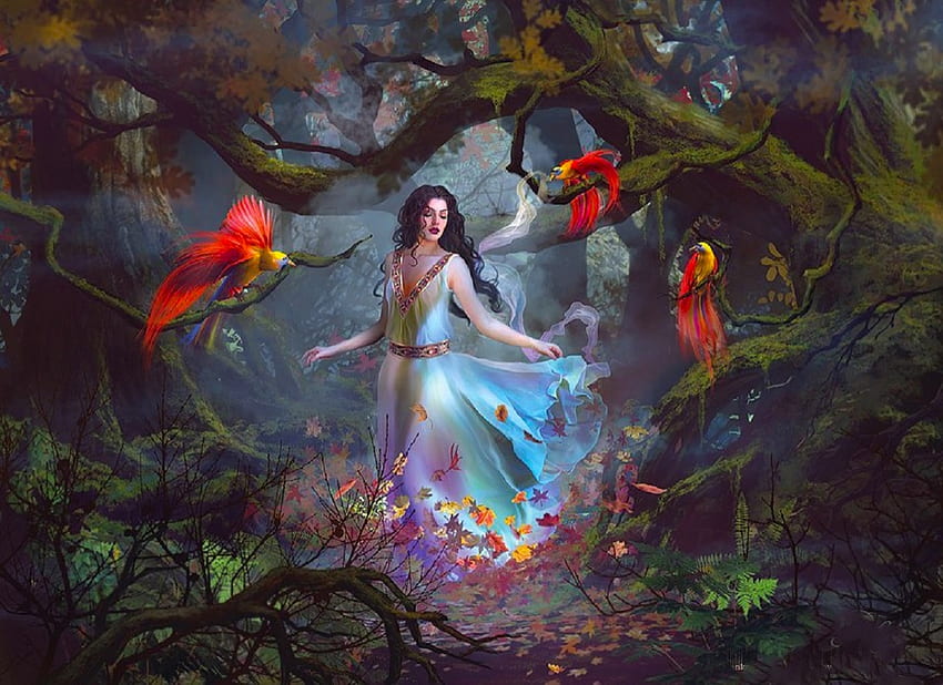 Earthly Serenity, digital, art, fantasy, birds of paradise, drazenka kimpel, girl, woman HD wallpaper