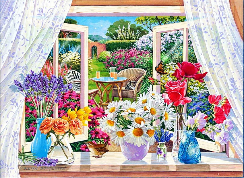 Summer Breese, произведение на изкуството, маса, пеперуда, прозорец, градина, ваза, фотьойл, цветя HD тапет