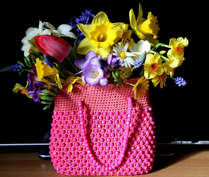 Flowers, Tulips, Camomile, Narcissussi, Spring, Bag, Different, Muskari, Muscari HD wallpaper
