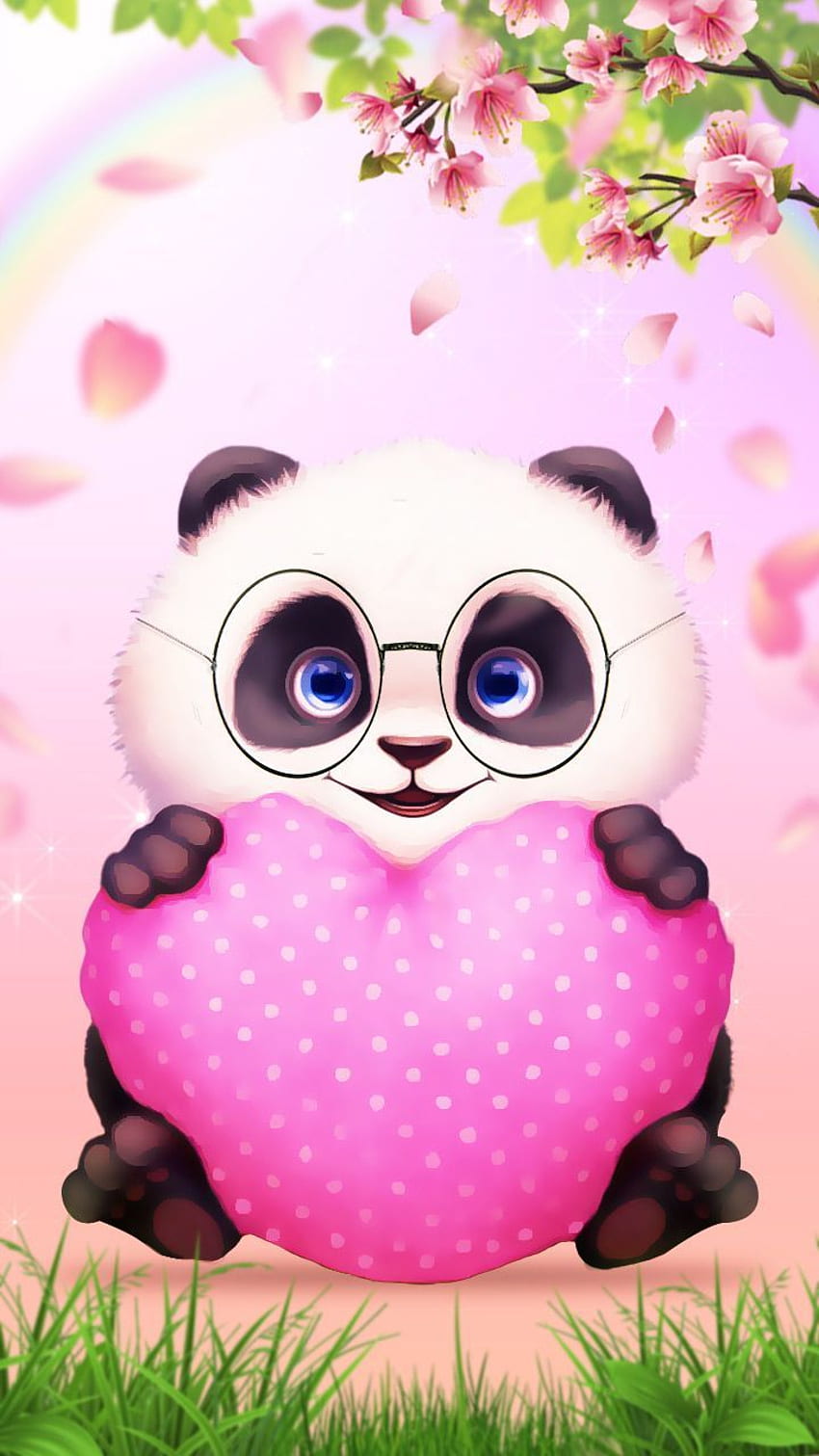 Hola Panda, lindo panda. Me encanta el estilo de dibujos animados de corazón rosa. fondo de pantalla del teléfono