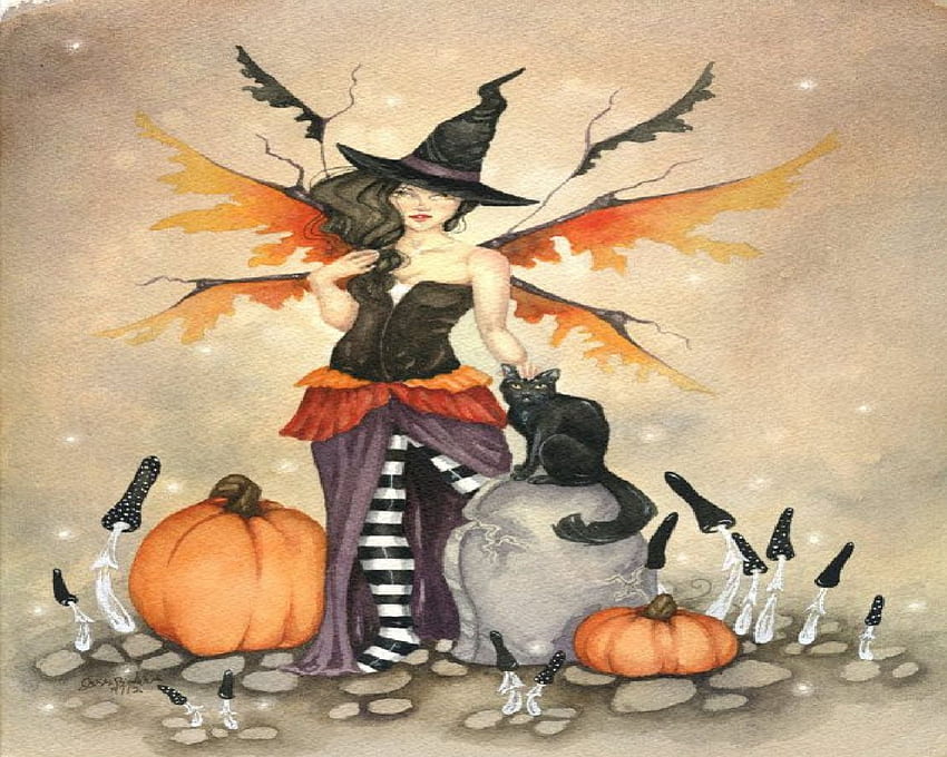 October Fairy, pumpkins, fairy, cat, mushrooms HD wallpaper