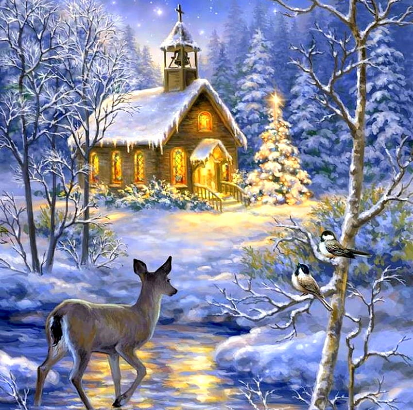 Peace in Christmas, winter, holidays, birds, woods, winter holidays ...