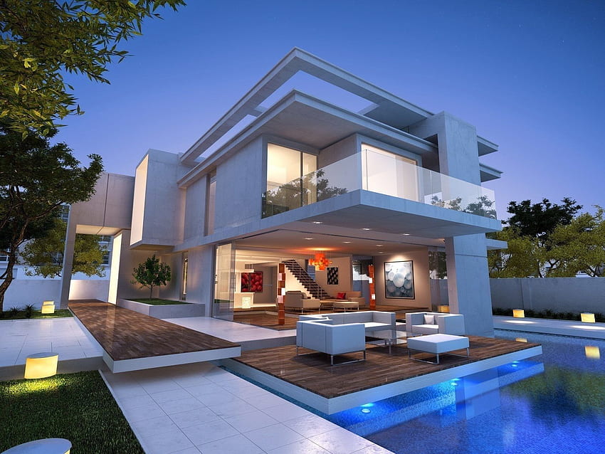 Elegancki nowoczesny luksusowy dom, egzotyczne domy Tapeta HD