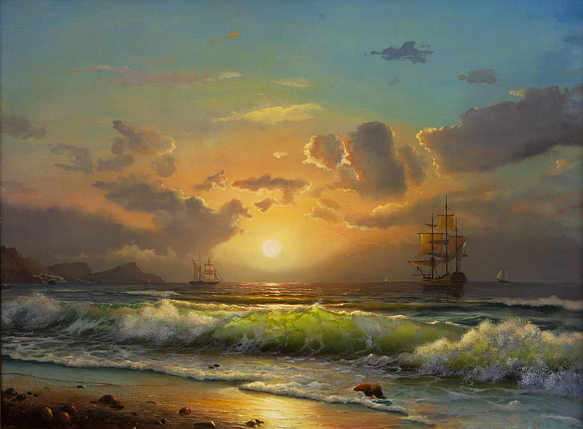 Fantastische Meereslandschaft, Meer, Schiffe, Wellen, Kunst, Wolken, Meereslandschaft, Natur, Ozean HD-Hintergrundbild