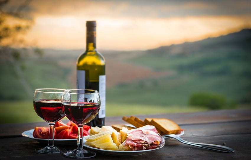 paisaje, mesa, vino, botella, queso, vasos, pan, platos, enchufe, tomates, bokeh, jamón para, sección еда, Wine & Cheese fondo de pantalla