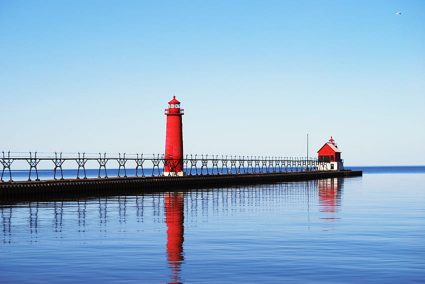 Red lighthouse, sea, light house, pier, Lake Michigan . Flare HD wallpaper