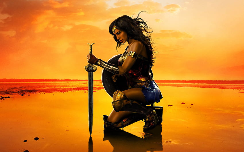Wonder Woman (2017), wonder woman, sword, poster, actress, woman, comics dc, fantasy, yellow, movie, Gal Gadot HD wallpaper