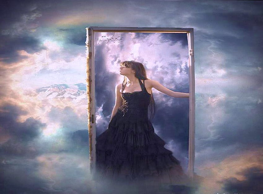 Where dreams are made, blue, doorway, white, woman, black dress, portal, dream world, pink, cloudss HD wallpaper