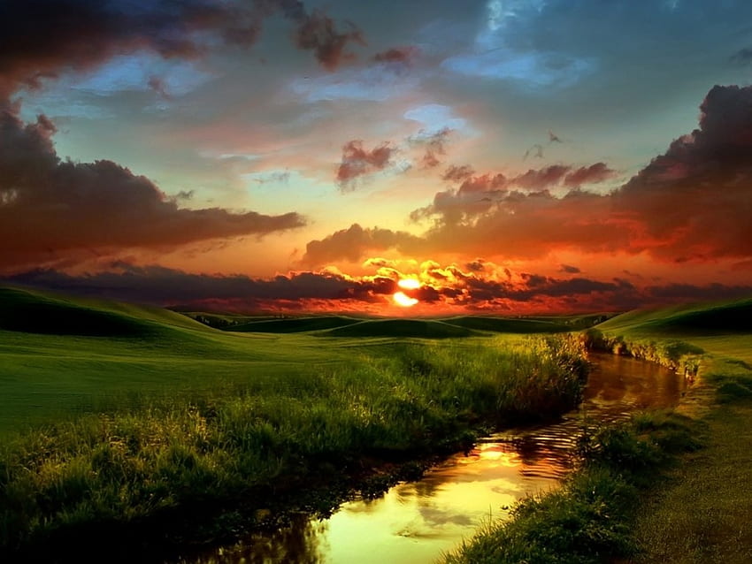 Sunset, setting sun, yellow, filed, clouds, grass, orange, stream HD wallpaper