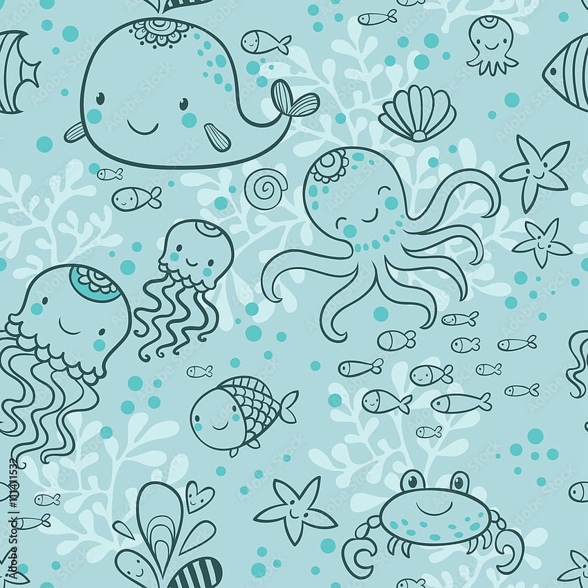 Pola laut kartun mulus untuk kekanak-kanakan. Paus, gurita, ubur-ubur, ikan, kepiting, bintang laut dengan latar belakang kartun di vektor. Stok Vektor, Paus Kartun wallpaper ponsel HD