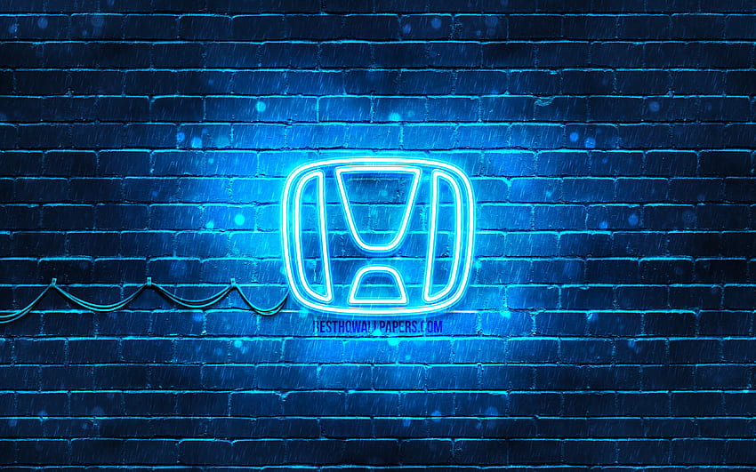 ホンダの青いロゴ、青いブリックウォール、ホンダのロゴ、車のブランド、ホンダのネオンのロゴ、ホンダの解像度 . 高品質 高画質の壁紙