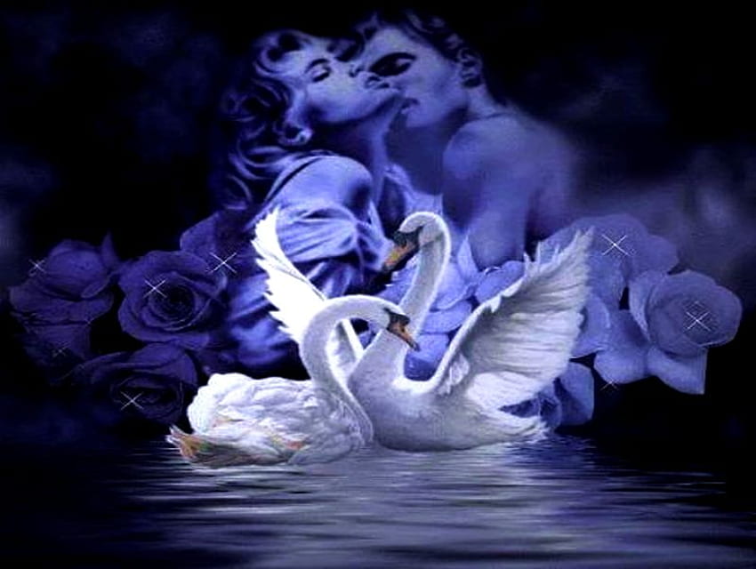 Blue love, swans, man, love, purple blue, swan, woman HD wallpaper