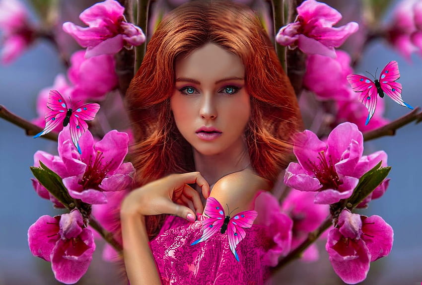 Perfectly Pink Ladies 14, red head, flowers, girl, colorful, blue, vibrant, hot pink, pink, vivid, blossoms, bright, bold HD wallpaper