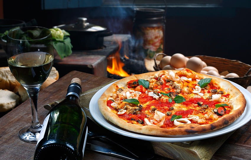 Tisch, Feuer, Wein, Glas, Flasche, Küche, Ofen, Pizza, Hütte, Bokeh für , Abschnitt еда HD-Hintergrundbild