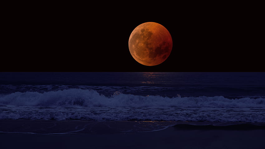 Mer, Nature, Horizon, Surf, Pleine Lune, Eclipse Fond d'écran HD