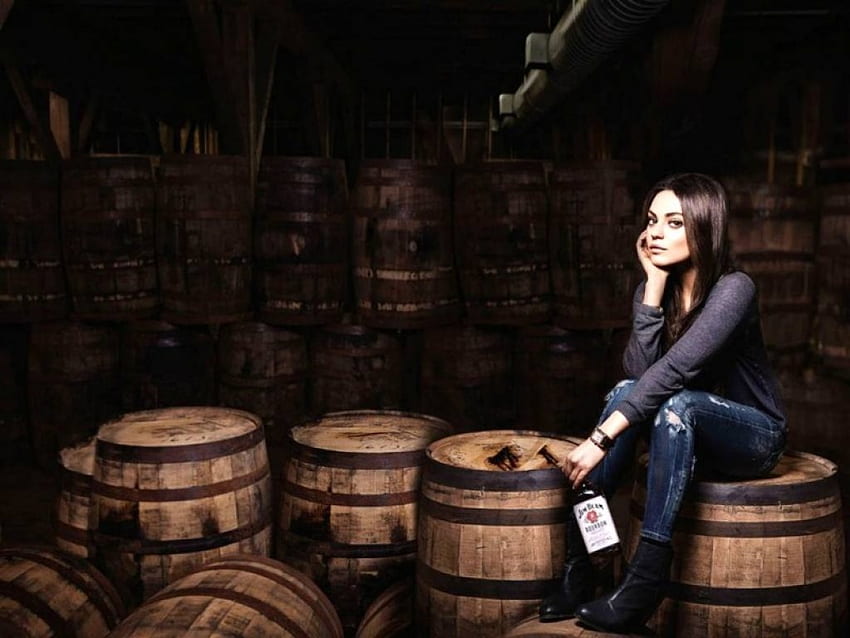 Mila Kunis, model, 2015, , Kunis, beautiful, actress, bottle, Jim Beam, barrels, Mila HD wallpaper