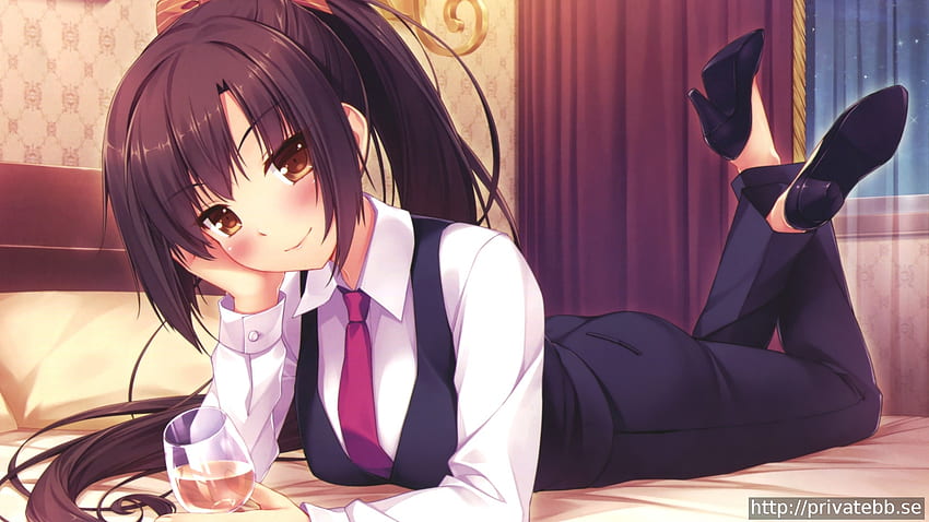 Business Woman, brown eyes, bed, suit, brunette, long hair, anime girls, anime, business suit, drink HD wallpaper