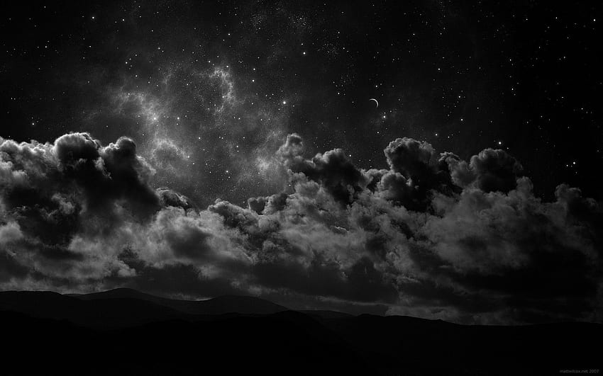 clouds, night, stars, grayscale, Greyscale HD wallpaper