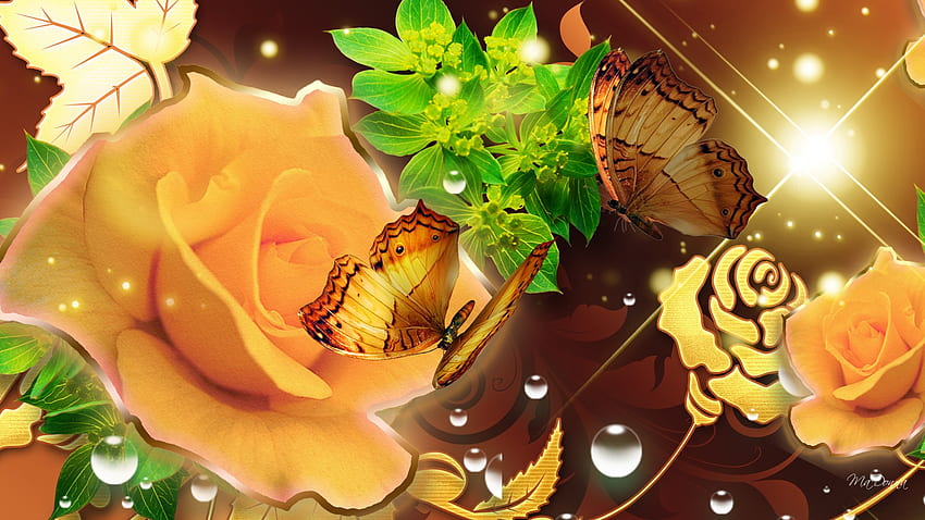 Golden Roses Golden Butterflies, roses, lueur, personnage firefox, étoiles, étincelles, été, papillons, papillon, fleurs Fond d'écran HD