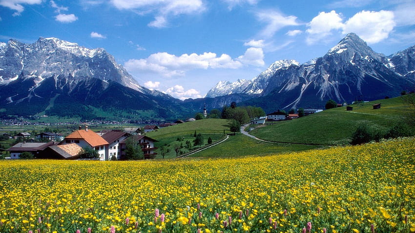 Mt Zugspitze, Bavaria, Germany, landscape, meadow, spring, houses, clouds, sky, flowers, alps, village HD wallpaper