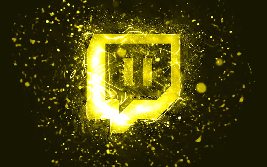 Жълто лого на Twitch, , жълти неонови светлини, творчески, жълт абстрактен фон, лого на Twitch, социална мрежа, Twitch HD тапет