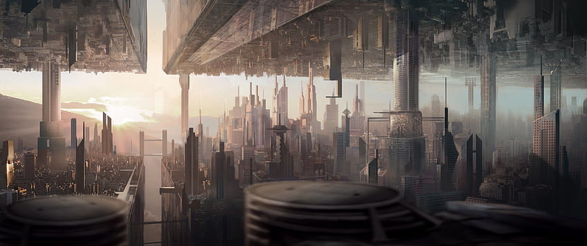 미래 도시, 거꾸로 된 세계, 2차원, 공상 과학, 3440X1440 도시 HD 월페이퍼