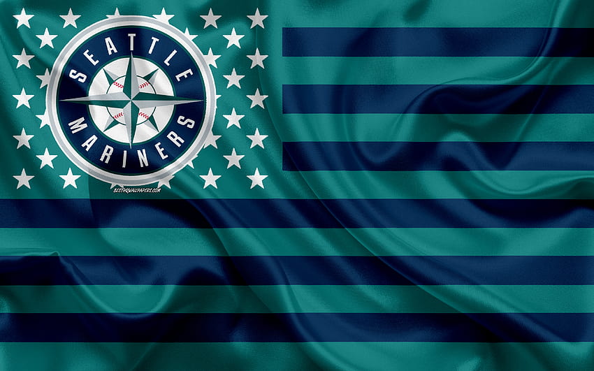 Сиатъл Маринърс, американски бейзболен клуб, американско творческо знаме, тюркоазено син флаг, MLB, Сиатъл, Вашингтон, САЩ, лого, емблема, Мейджър лийг бейзбол, копринено знаме, бейзбол за с разделителна способност . Високо качество HD тапет