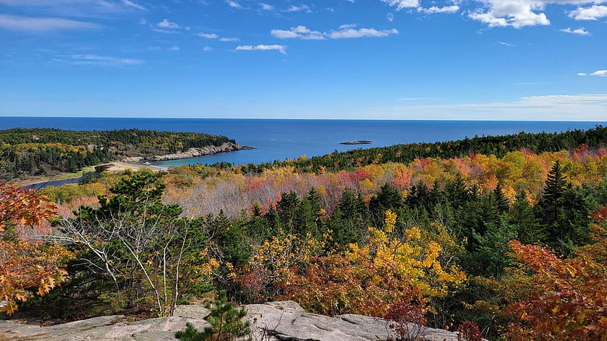 Acadia National Park, Bar Harbor, Maine, sea, coast, fall, clouds, landscape, trees, colors, sky, usa HD wallpaper