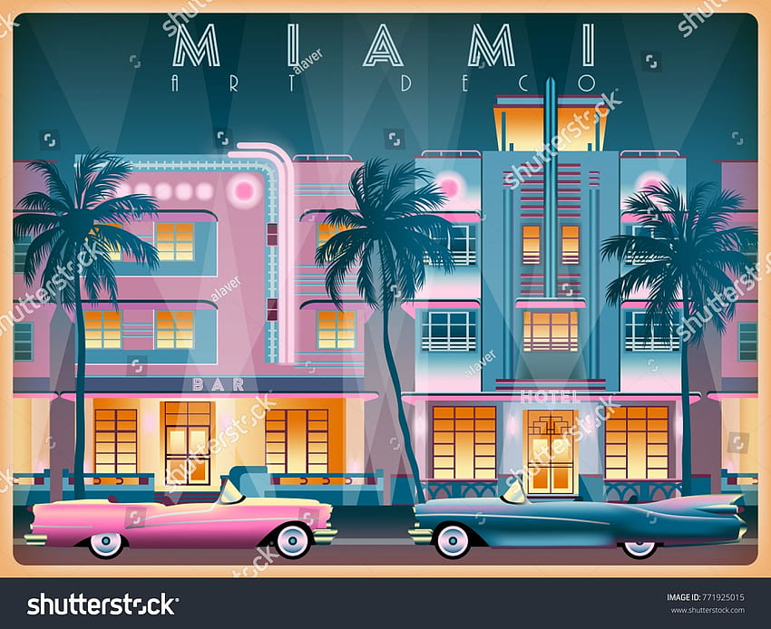 Wieczór na Ocean Drive w Miami, USA. Ręcznie rysowana ilustracja wektorowa. Styl art déco. Wszystkie budynki. Art deco w Miami, ilustracja w stylu art deco, plakaty w stylu art deco Tapeta HD