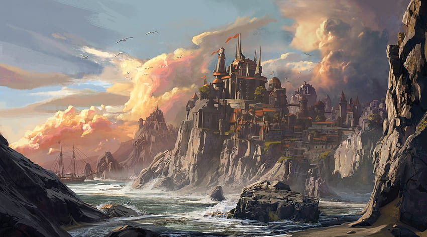 Fantasy City and Background, Coastal City HD wallpaper