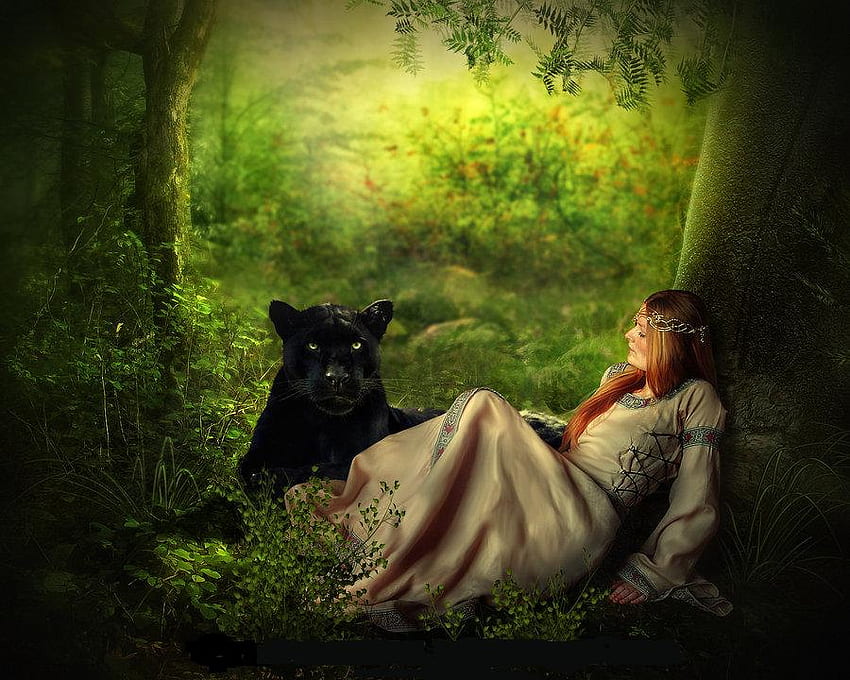 Her Majesty, woods, black panther, cat, beautiful, fantasy, green, panther, trees, princess, queen, forest HD wallpaper