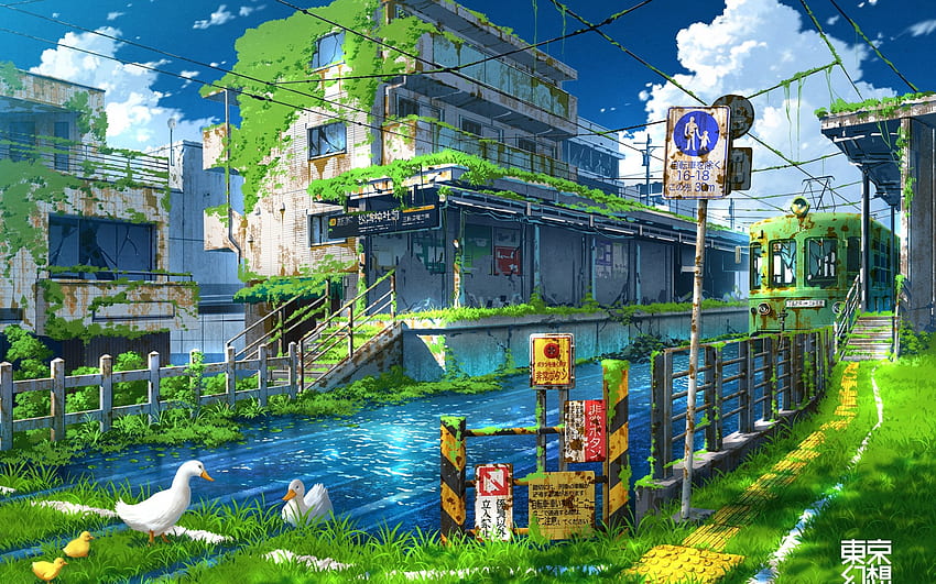 Anime Ruiny, postapokaliptyczne, zielone, kaczki, budynki, pociąg do MacBooka Pro 17 cali Maiden Tapeta HD
