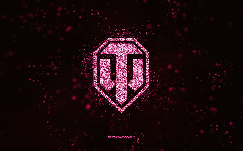 Logotipo glitter WOT, fundo preto, logotipo World of Tanks, logotipo WOT, arte rosa glitter, WOT, arte criativa, logotipo glitter rosa WOT, World of Tanks papel de parede HD