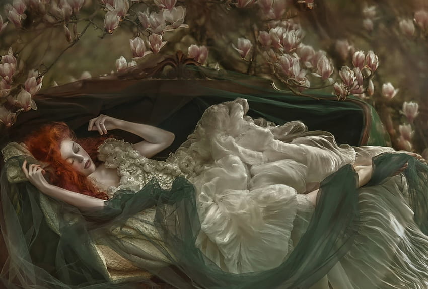Dormant dreams, agnieszka lorek, white, model, girl, magnolia, woman, flower, green, redhead HD wallpaper