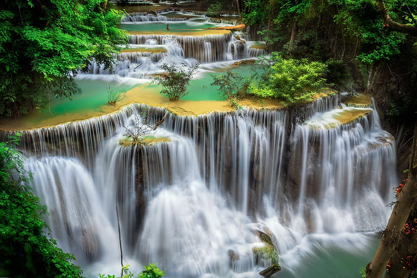 น้ำตกห้วยแม่ขมิ้น แหล่งท่องเที่ยว ป่าฝน ฤดูใบไม้ผลิ ประเทศไทย ธรรมชาติ น้ำตกสีชมพู วอลล์เปเปอร์ HD